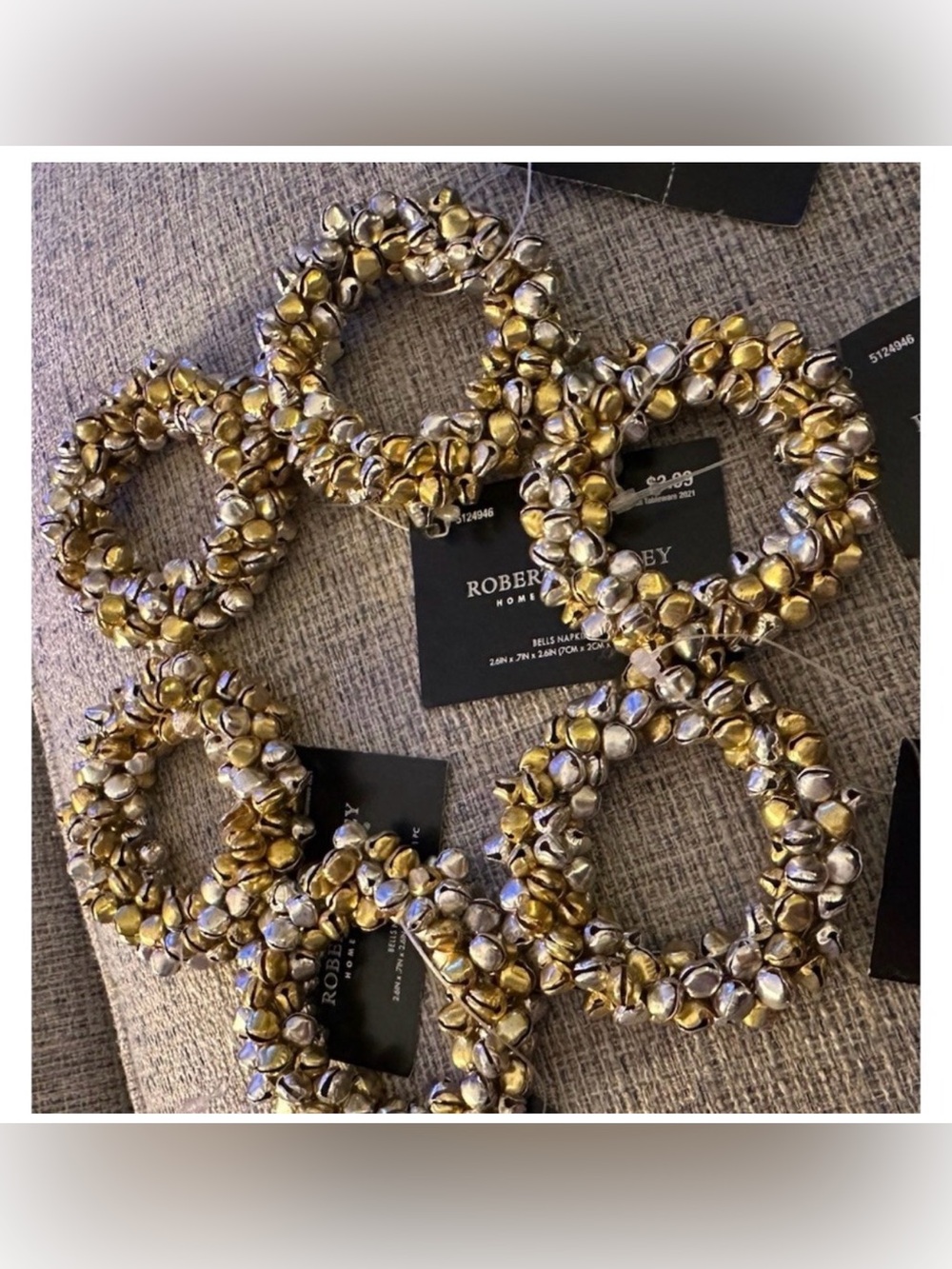 Robert Stanley Set of 6 Gold Jingle Bells‎ Napkin Rings Christmas 3" x 3" NWT
